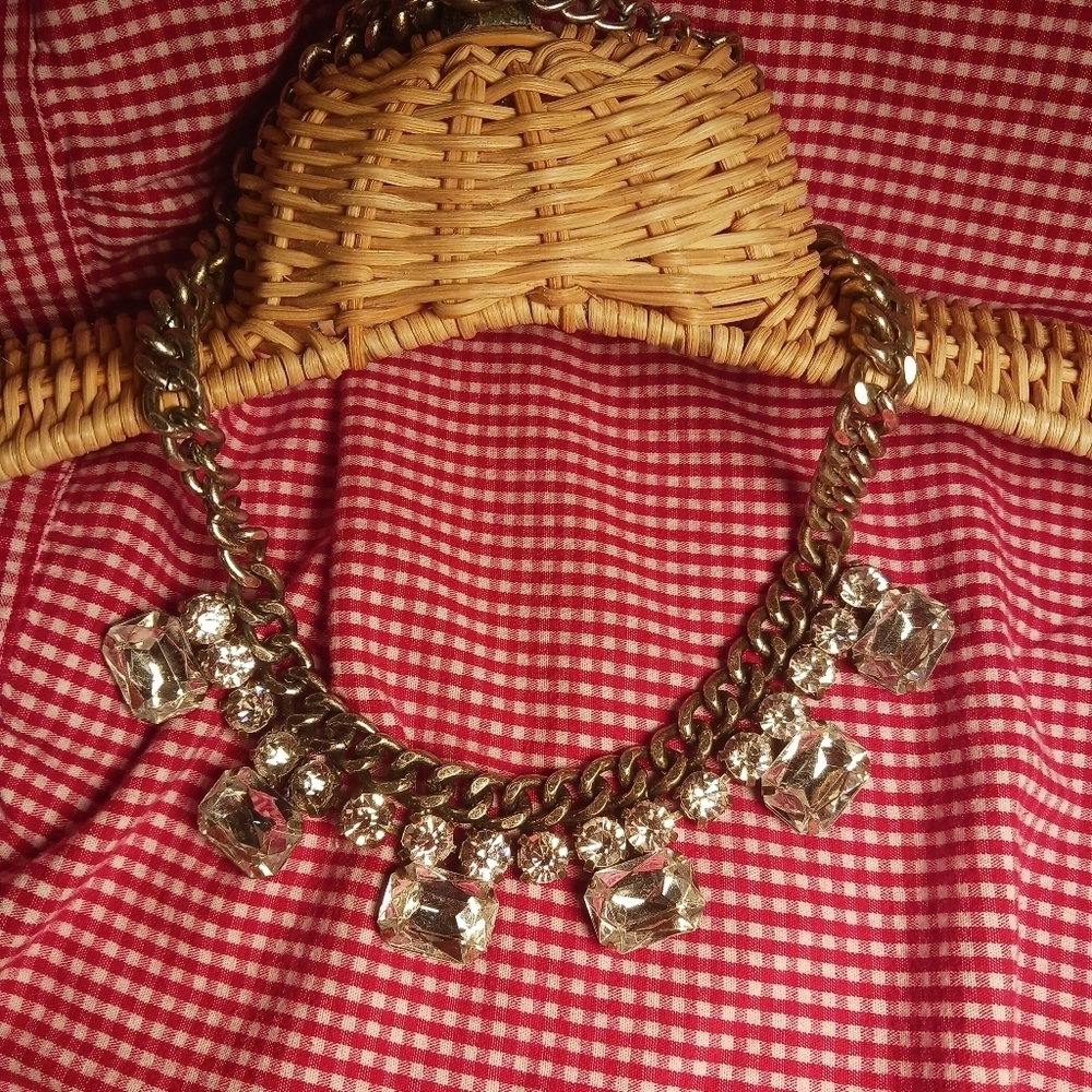 Express Chunky Crystal Embellished Necklace Silver Toned Chain Y2K BOHO CHIC